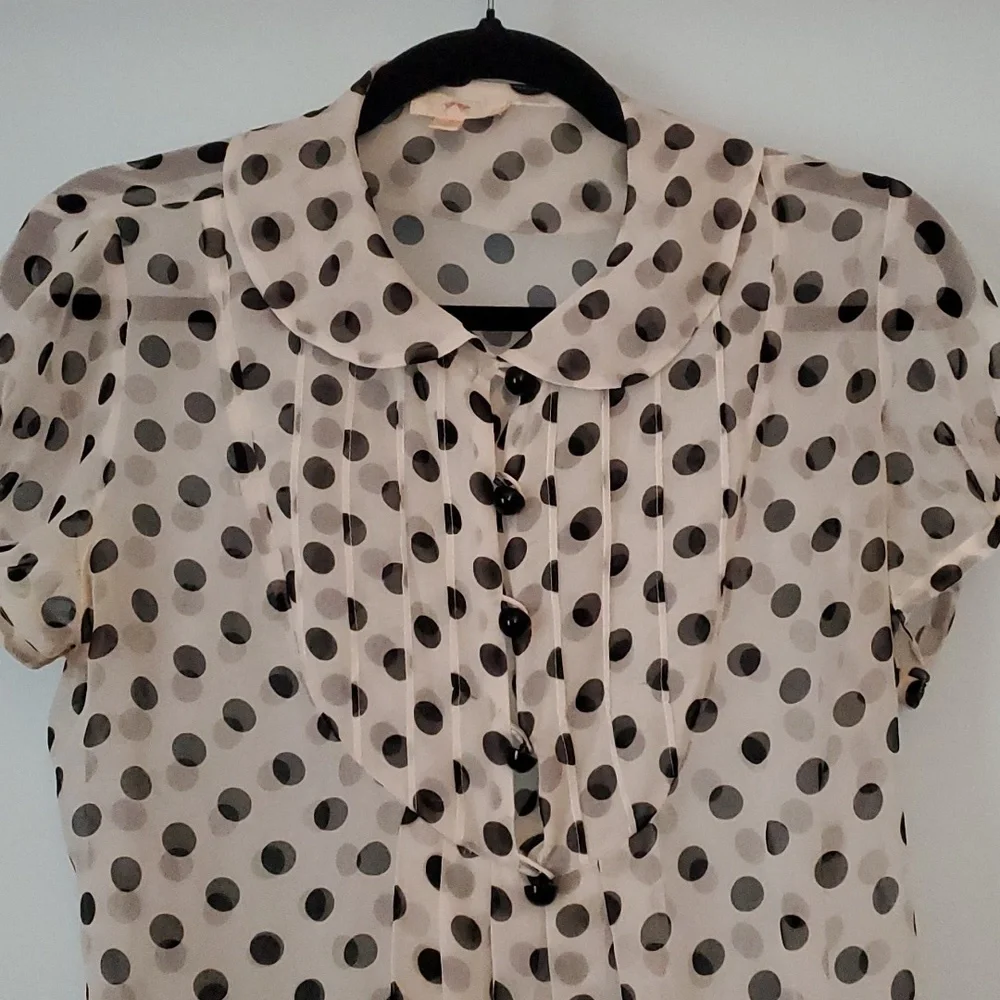 Anthropologie 100% Silk Black White polka dot top - Picture 4 of 9